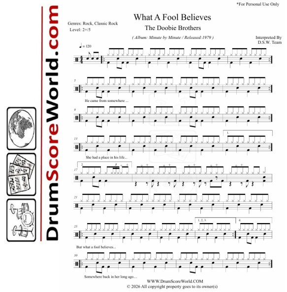 The Doobie Brothers - What A Fool Believes – Drum Sheet + Play-Along Track